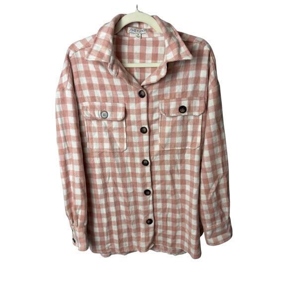 She & Sky Coral Plaid Shacket - Western Feminine - M - Picture 8 of 13